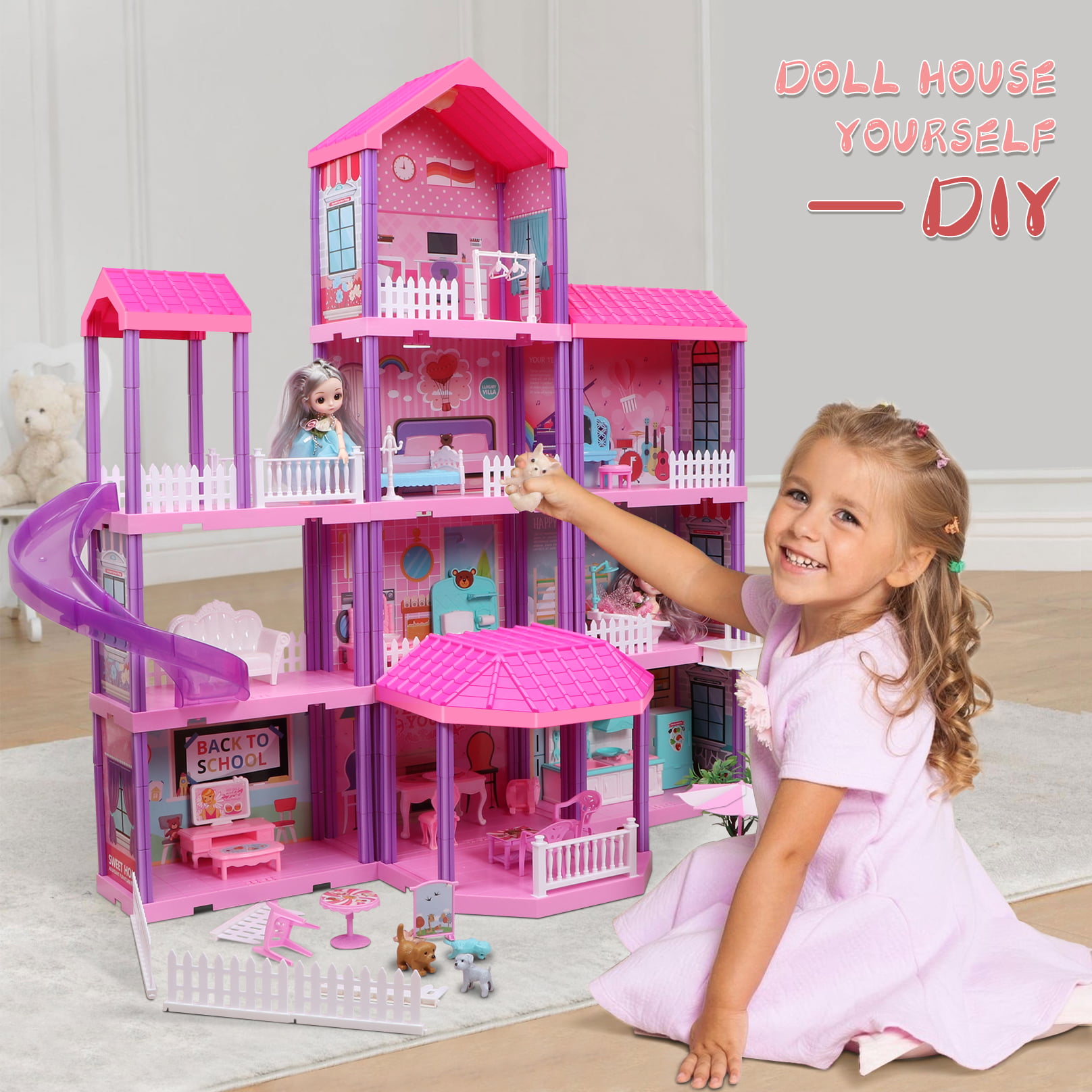 Beefunni 36 inch Dollhouse Playset Girl Toys. 11 Rooms with Doll Toy Figures Toddler Playhouse Christmas Birthday Gifts for 3 4 5 6 7 Year Old Girls