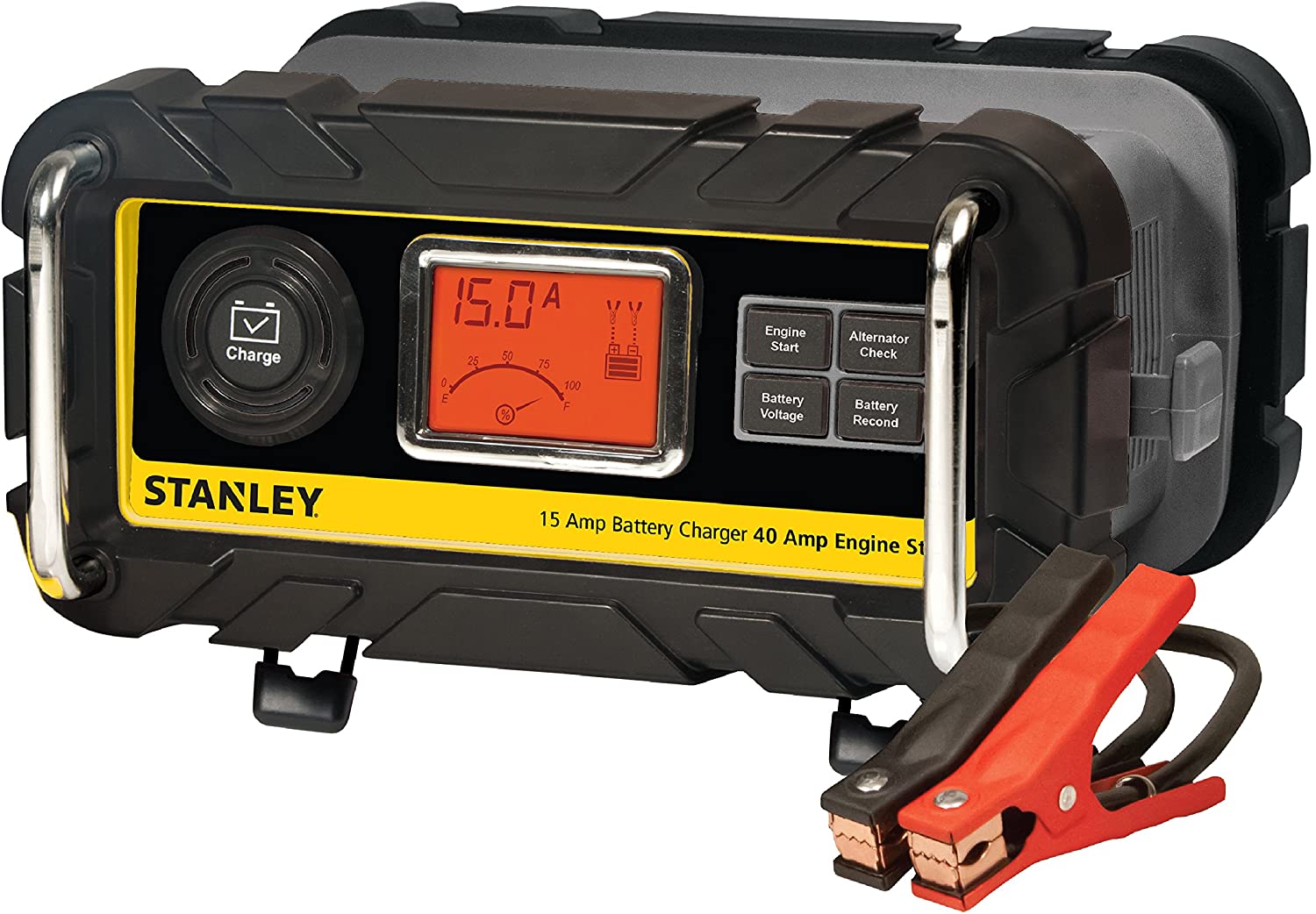 STANLEY BC15BS Fully Automatic 15 Amp 12V Bench Battery Charger/Maintainer with 40A Engine Start. Alternator Check. Cable Clamps