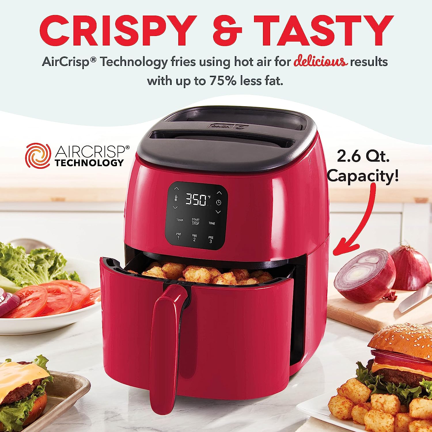 DASH Tasti-Crisp™ Digital Air Fryer with AirCrisp Technology. Custom Presets. Temperature Control. and Auto Shut Off Feature. 2.6 Quart - Red