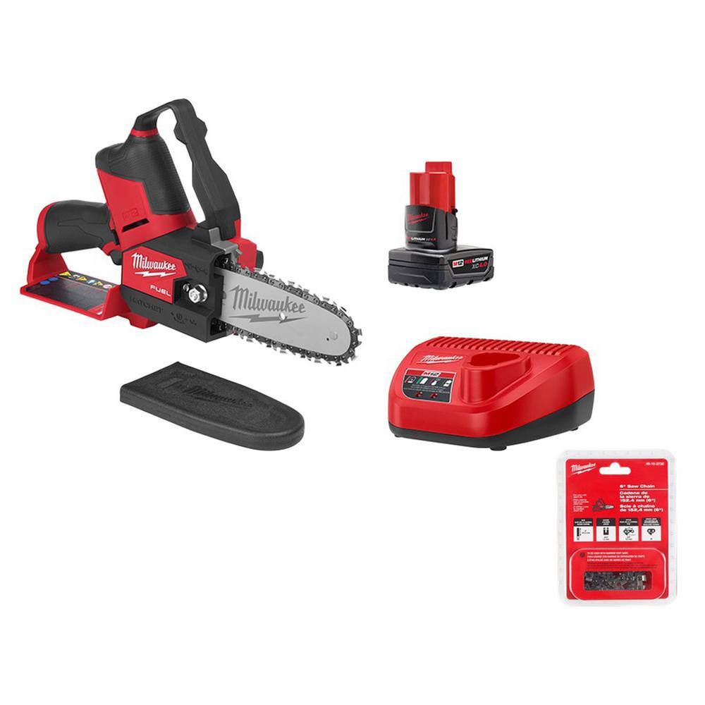 Milwaukee 2527-21-49-16-2732 M12 FUEL 12-Volt Lithium-Ion Brushless Cordless 6 in. HATCHET Chainsaw Kit w/4.0 Ah Battery. Charger & Replacement Chain