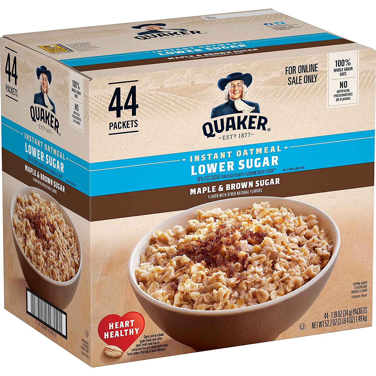 Quaker Instant Oatmeal Lower. Maple & Brown Sugar. 1.19 Oz. Pack of 44