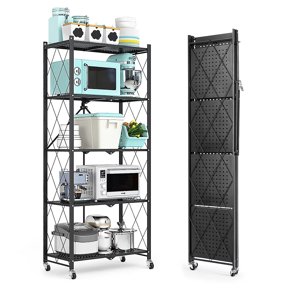 COOKCOK 5-Tier Storage Shelving Unit.Heavy Duty Metal Shelf 28.03″x12.2″x62.5.Foldable Storage Shelf with Wheels.Garage Shelf.Metal Storage Rack.Kitchen Shelf.No Assemble Required.1250lbs Capacity