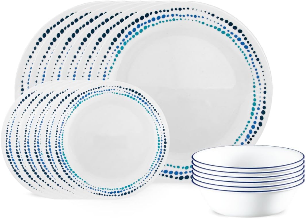 Corelle Vitrelle 18-Piece Service for 6 Dinnerware Set. Triple Layer Glass and Chip Resistant. Lightweight Round Plates and Bowls Set. Ocean Blue