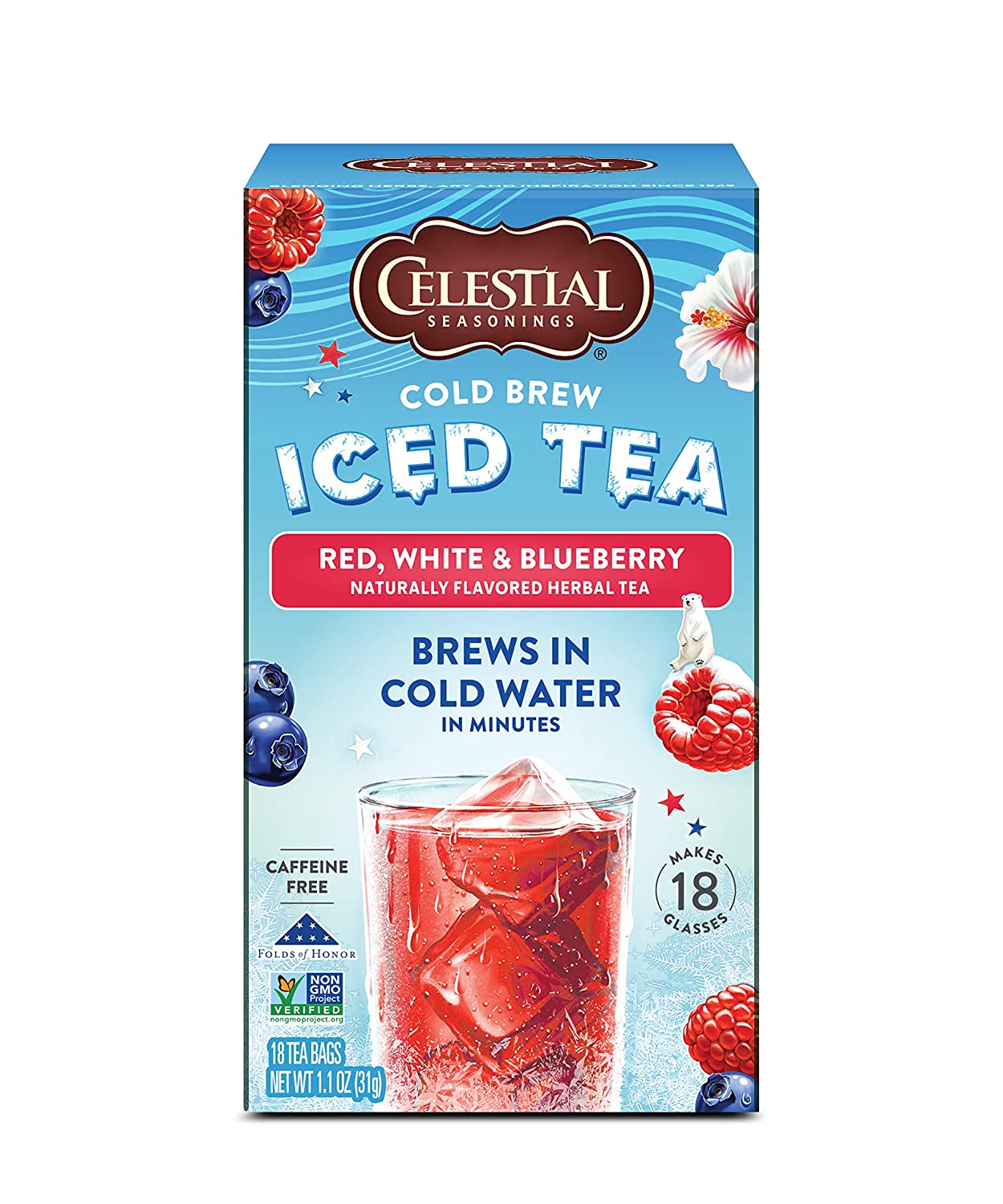 Celestial Seasonings Cold Brew Iced Tea. Red. White & Blueberry. Caffeine Free. 18 Tea Bags (Pack of 6)