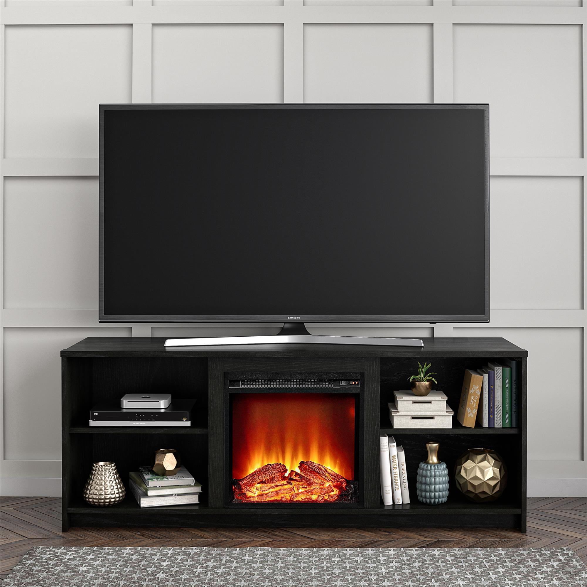 Mainstays Fireplace TV Stand for TVs up to 65″. Black Oak