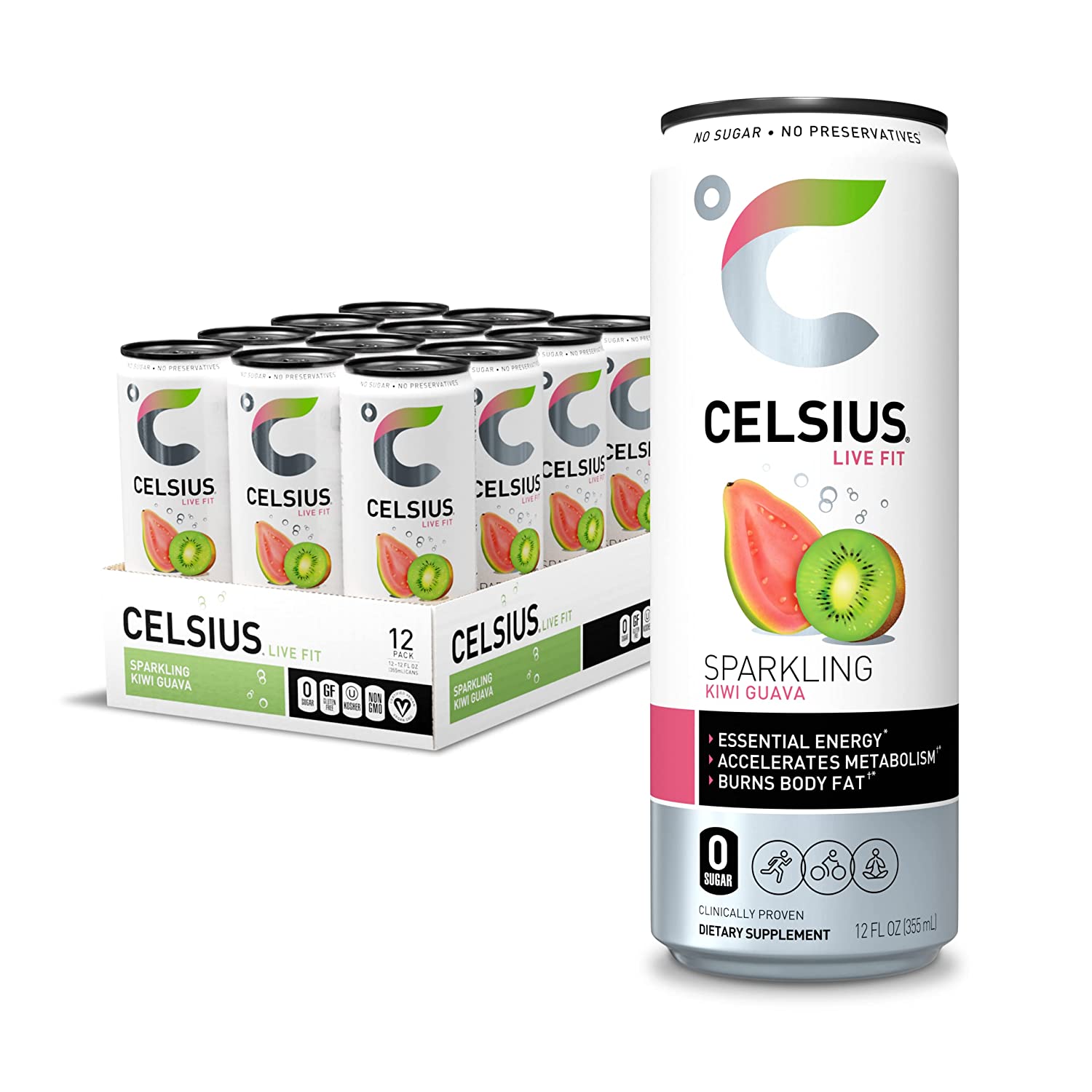 CELSIUS Essential Energy Drink 12 Fl Oz. Zero Sugar. Sparkling Kiwi Guava (Pack of 12)