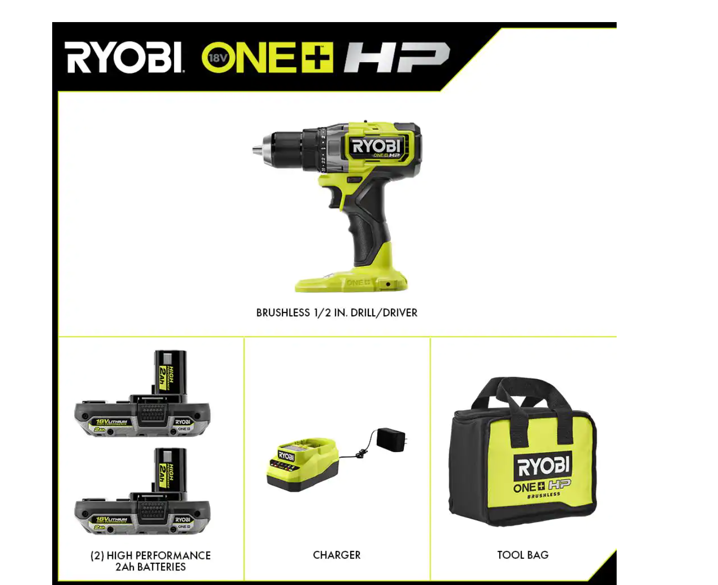 RYOBI PBLDD01K-PBP004 ONE+ HP 18V Brushless Cordless 2-Tool Combo Kit with Drill/Driver. Batteries. Charger. and Bag with Extra 4.0 Ah Battery