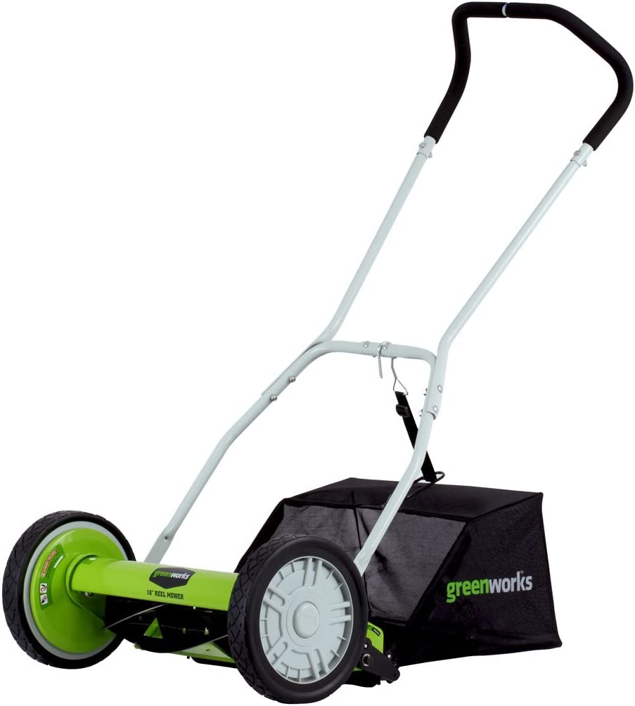 Greenworks 16-Inch Reel Lawn Mower with Grass Catcher 25052.Black/Green. 47″D x 22″W x 29.75″H