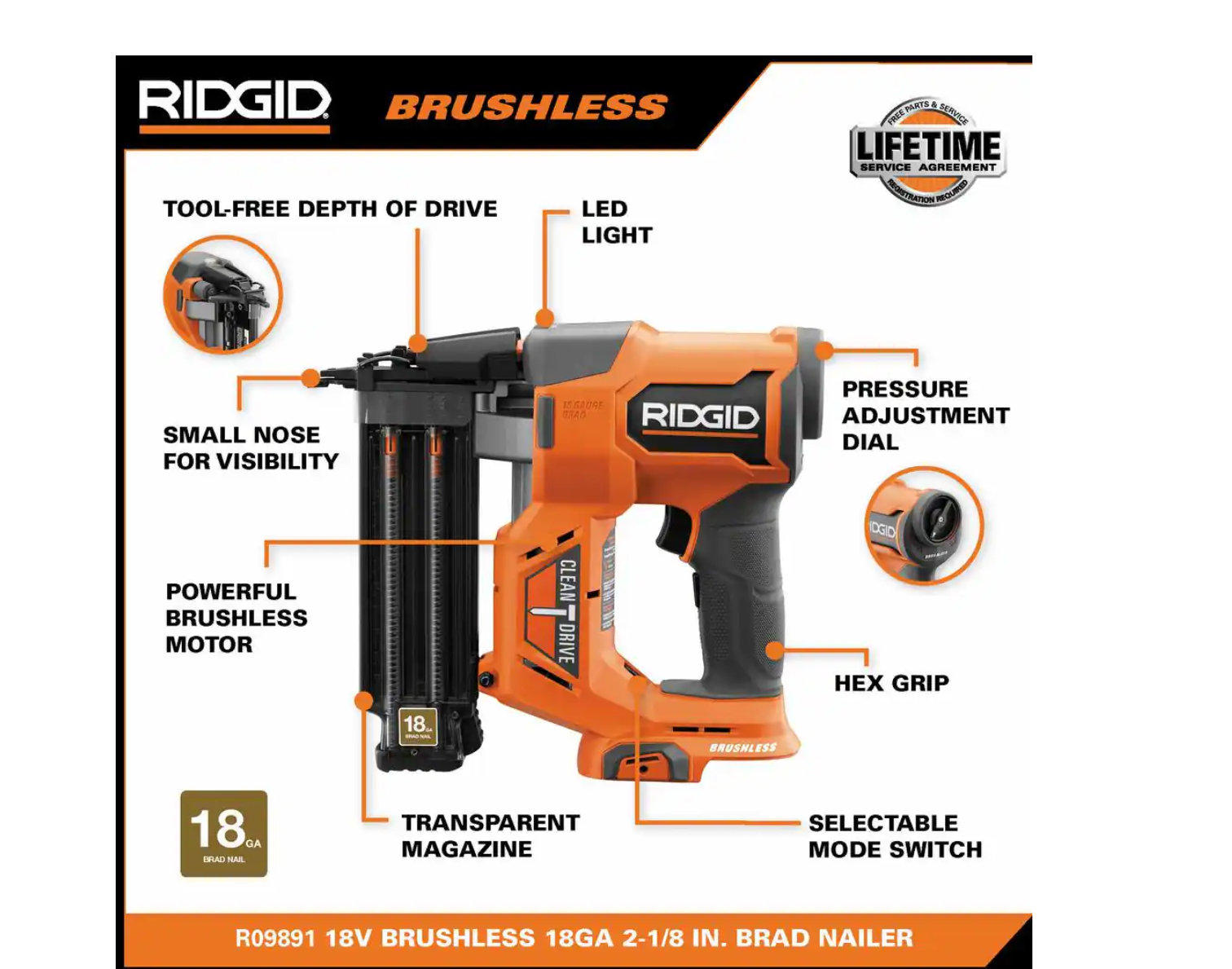 RIDGID R09891B-AC840020PN 18V Brushless Cordless 18-Gauge 2-1/8 in. Brad Nailer with (2) MAX Output 2.0 Ah Batteries