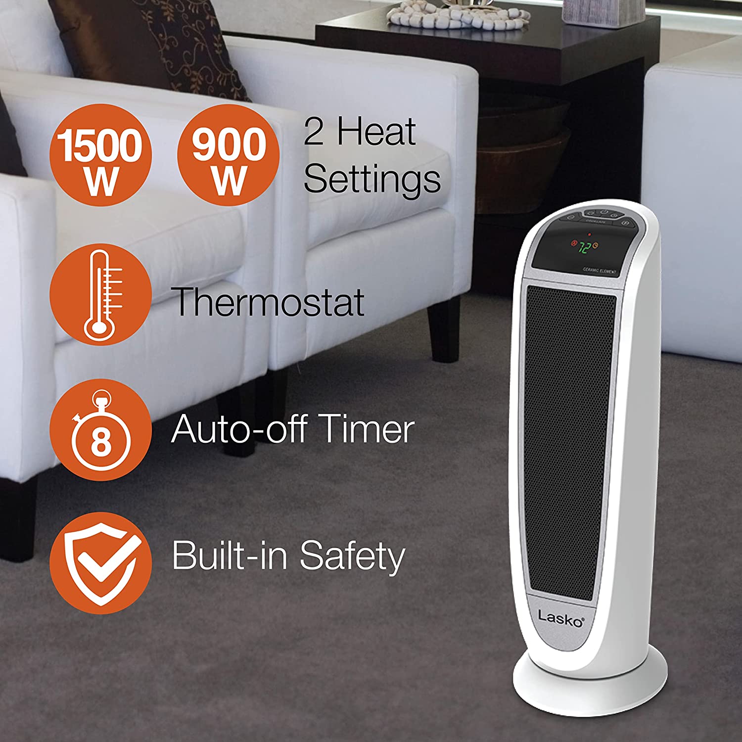 Lasko 5165 Digital Ceramic Tower Heater with Remote Control. 1500W. White