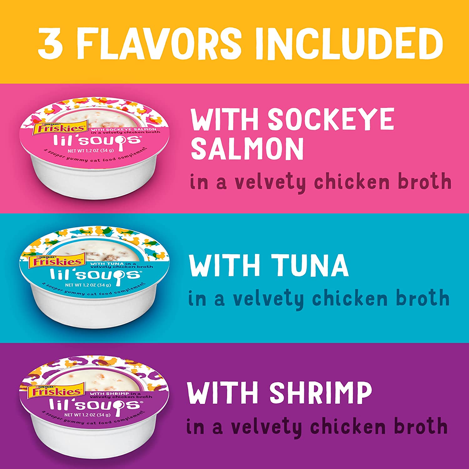 Friskies Purina Grain Free Wet Cat Food Complement Variety Pack Lil- Soups with Salmon Tuna or Shrimp - (30) 1.2 oz. Cups