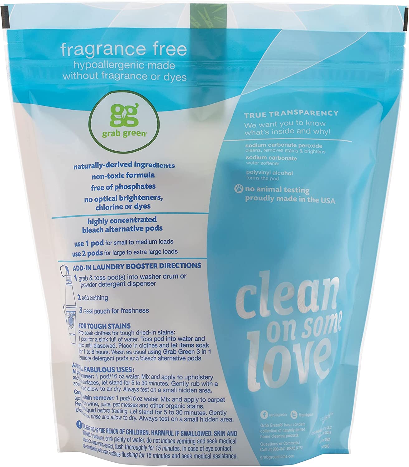 Grab Green Natural Bleach Alternative Pods. Unscented/Free & Clear. 60 Loads