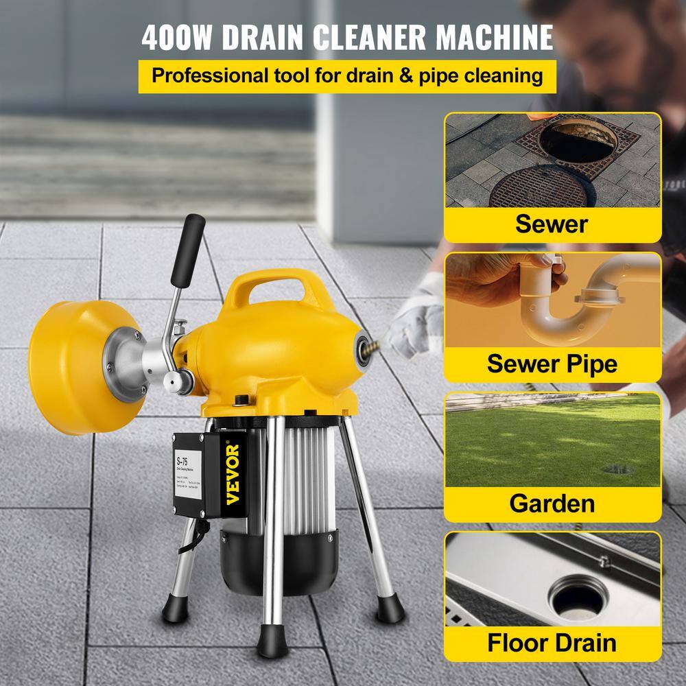 VEVOR HX-75BGPSTJ000001V1 66 ft. x 2/3 in. Electric Drain Auger 500-Watt Portable Drain Cleaner with 4 Cutters Tool fit 3/4 in. to 5 in. Pipe