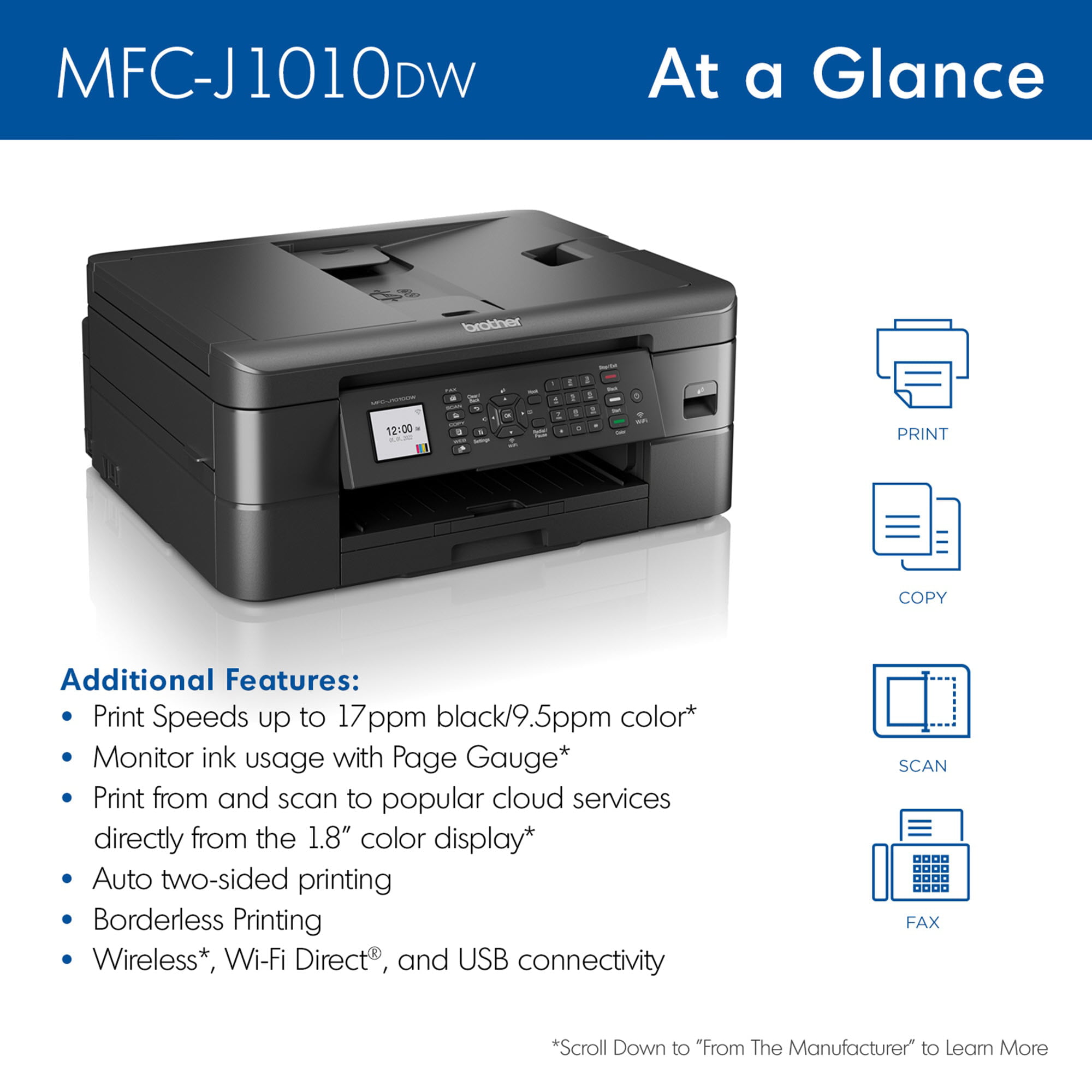 Brother MFC-J1010DW Wireless Color Inkjet All-in-One Printer with Mobile Device and Duplex Printing