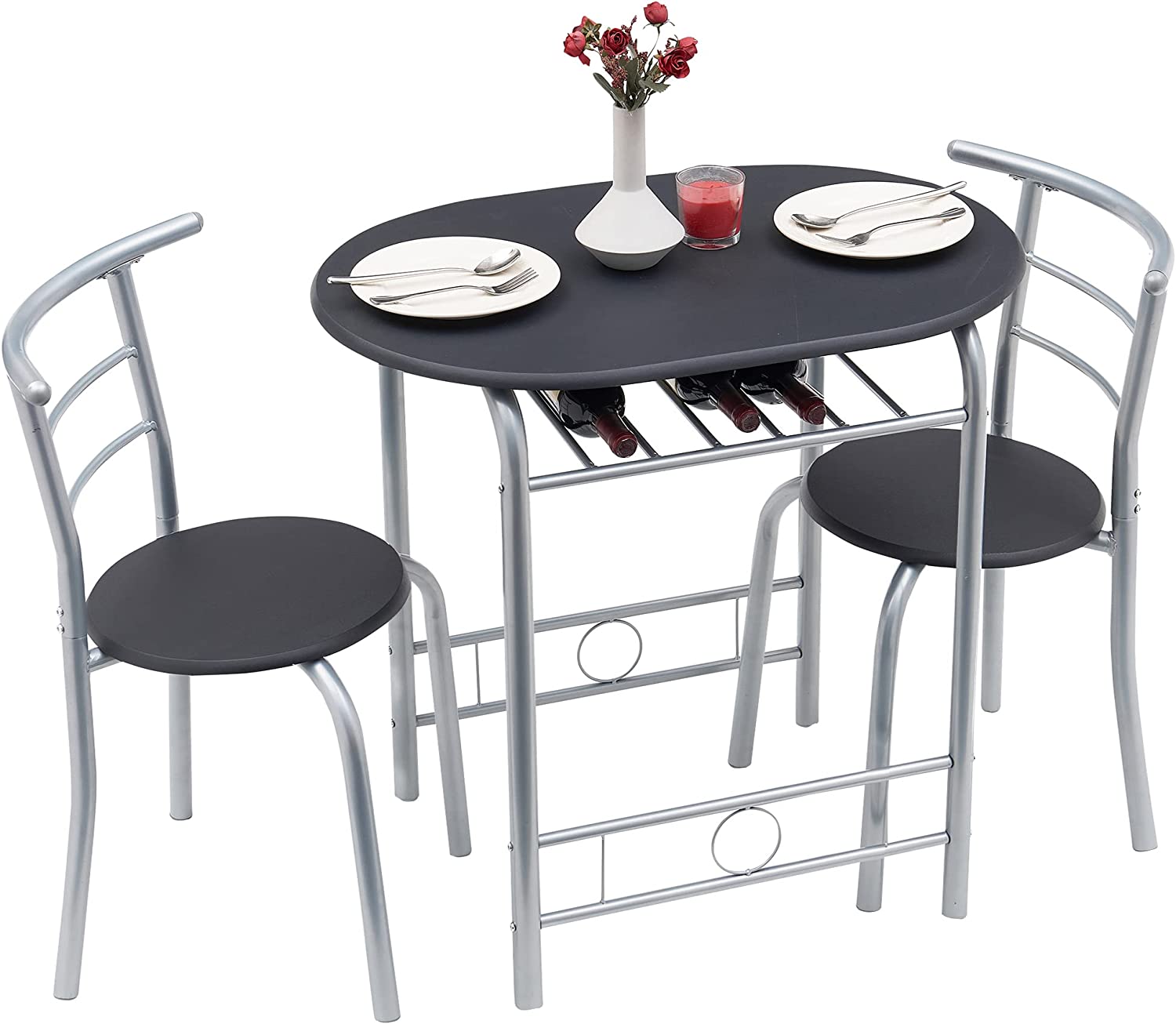 VECELO 3 Piece Wood Round Table & Chair Set for Dining Room Kitchen Bar Breakfast. with Wine Storage Rack. Space Saving. 31.5″. Black