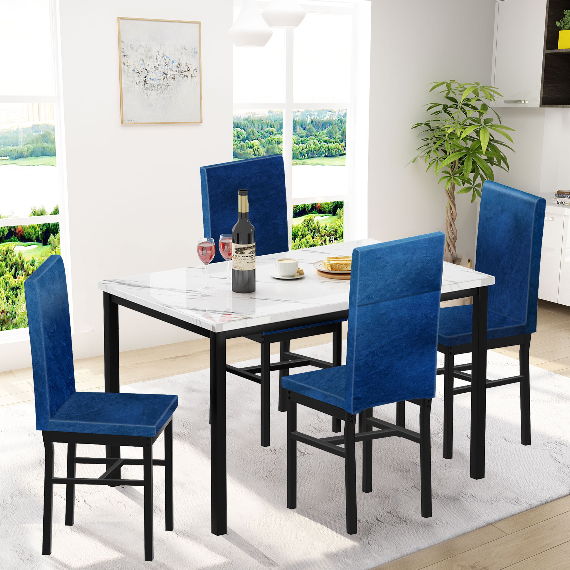 Syngar 5 Piece Dining Set. Modern Dining Table and Chairs Set for 4. Kitchen Dining Table Set with Faux Marble Tabletop and 4 Velvet Fabric Upholstered Chairs. for Small Space. Breakfast Nook. D8925