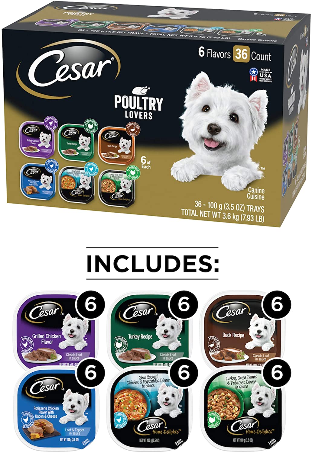 CESAR Soft Wet Dog Food Classic Loaf in Sauce Steak and Chicken Lovers Variety Pack. 6 Flavours - 36 Count