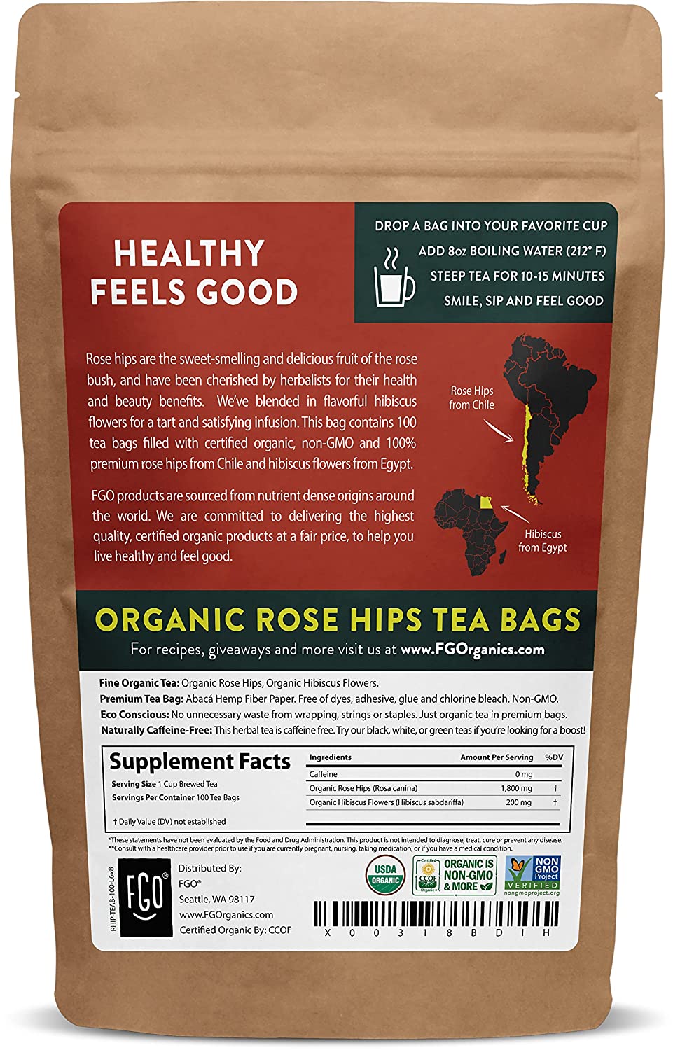 FGO Organic Rosehips Tea Bags 100 Tea Bags Eco-Conscious Tea Bags in Kraft Bag