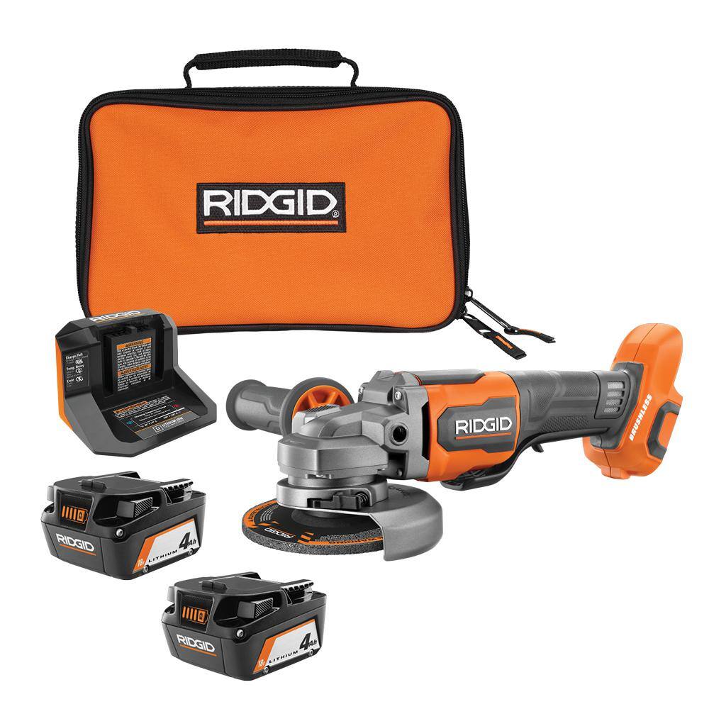 RIDGID R86047B-AC93044SBN 18V Brushless Cordless 4-1/2 in. Paddle Switch Angle Grinder with (2) 4.0 Ah Batteries. Charger. and Bag