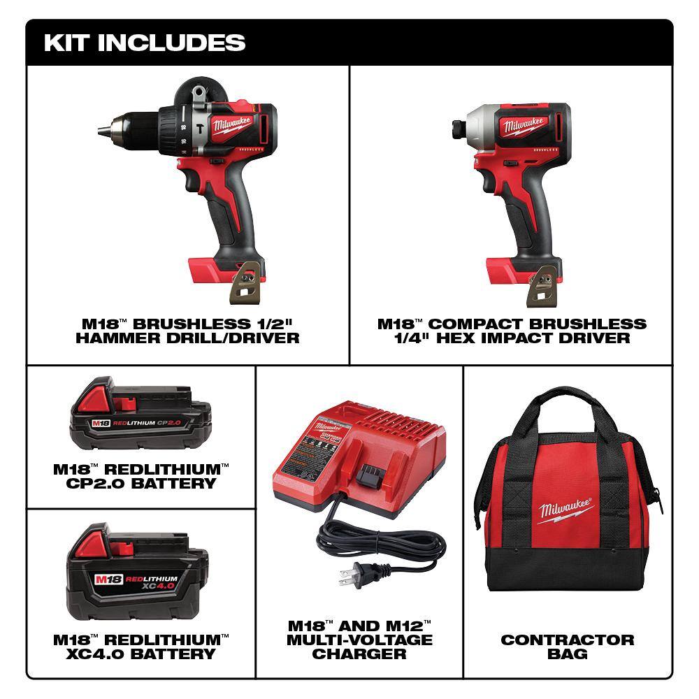 Milwaukee 2893-22CX M18 18V Lithium-Ion Brushless Cordless Hammer Drill/Impact Combo Kit (2-Tool) with 2 Batteries. Charger and Bag