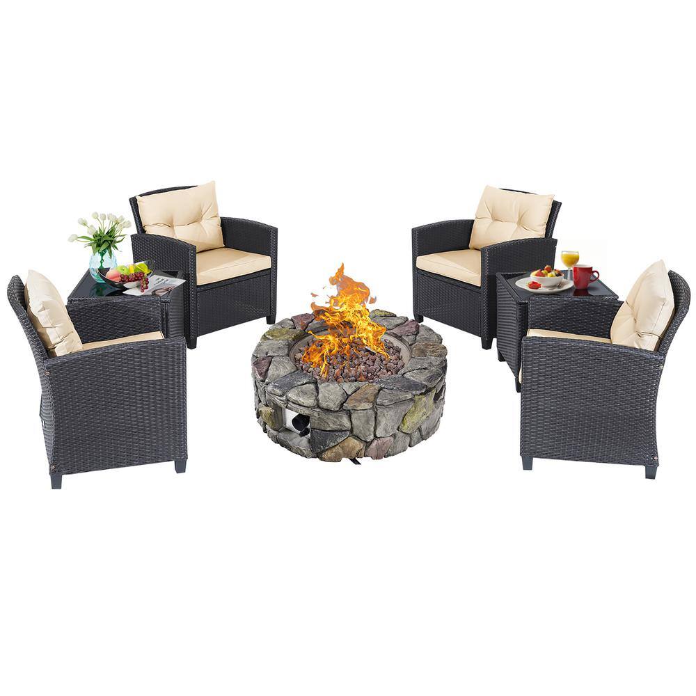 Costway  7-Piece Wicker Patio Rattan Furniture Set Gas Fire Pit Table Sofa with Beige Cushion
