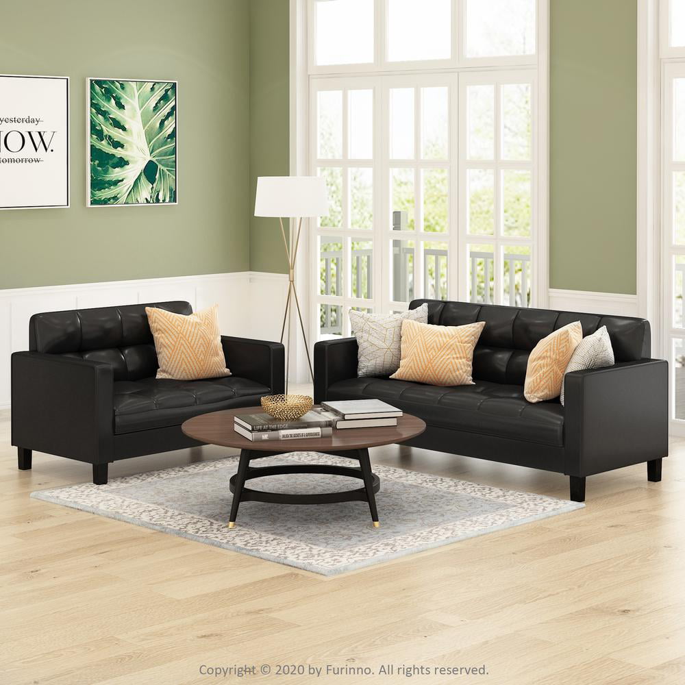 Furinno Brive Contemporary Tufted 3-Seater Sofa. Black Faux Leather