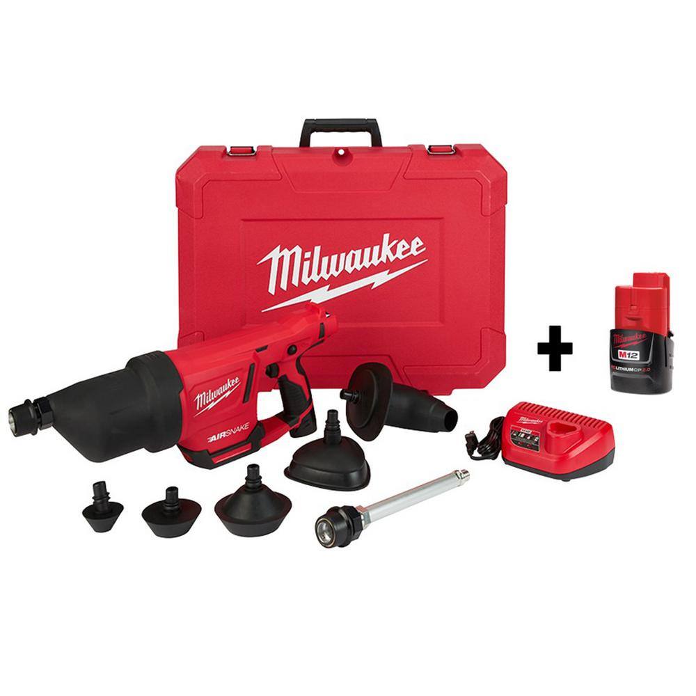 Milwaukee 2572B-21-48-11-2420 M12 12V Lithium-Ion Cordless Drain Cleaning Airsnake Air Gun Kit with (2) 2.0 Ah Batteries. Toilet Attachments