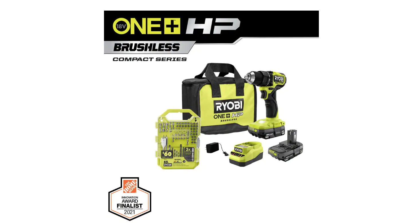 RYOBI PSBDD01K-A98401 ONE+ HP 18V Brushless Cordless Compact 1/2 in. Drill/Driver Kit with (2) 1.5 Ah Batteries. Charger. Bag. & 65PC Bit Set