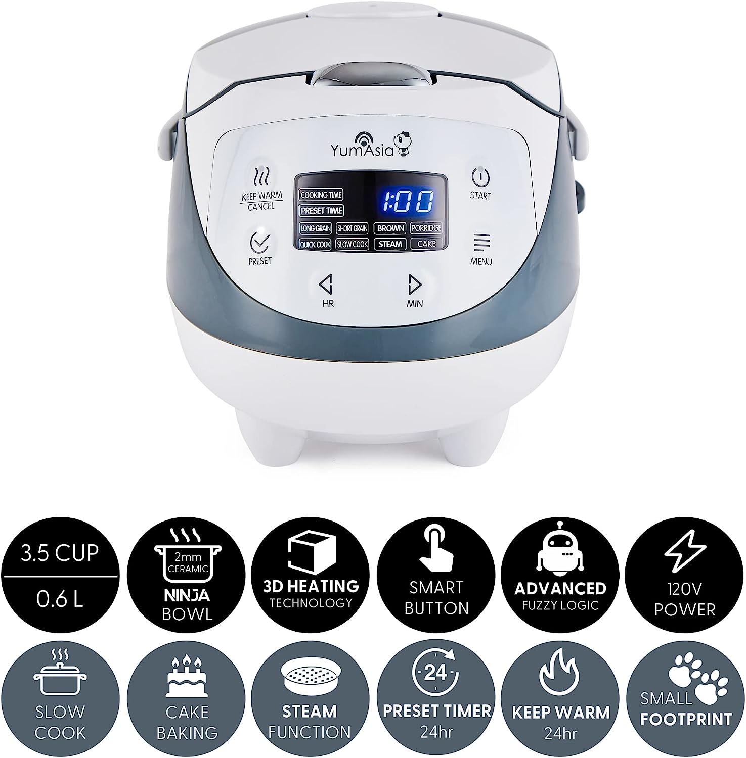 YumAsia Panda Mini Rice Cooker With Ninja Ceramic Bowl and Advanced Fuzzy Logic (3.5 cup. 0.63 litre) 4 Rice Cooking Functions. 4 Multicooker functions. Motouch LED display - 120V (White and Grey)