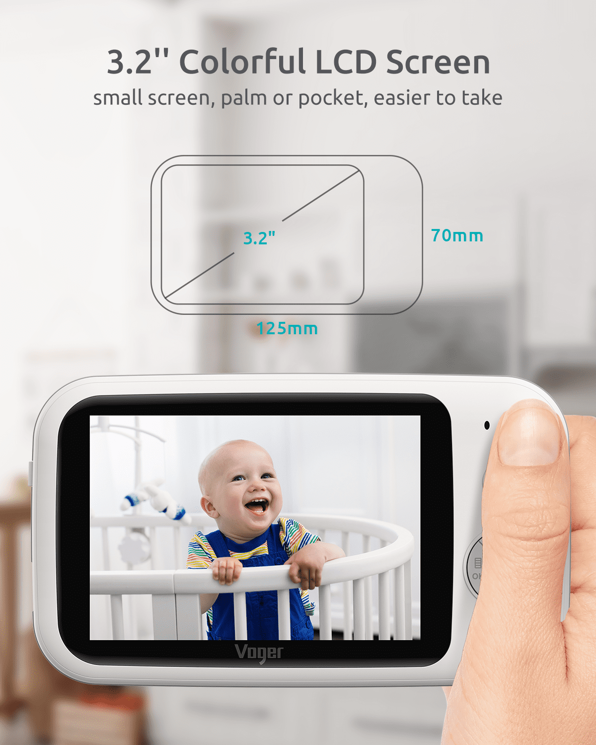 Voger Video Baby Monitor with Camera. 3.2-inch LCD Screen. 2.4GHz Wireless Digital Transmission. VOX Mode. Temperature Sensor. Night Vision. 8 Lullabies. Two Way Talk