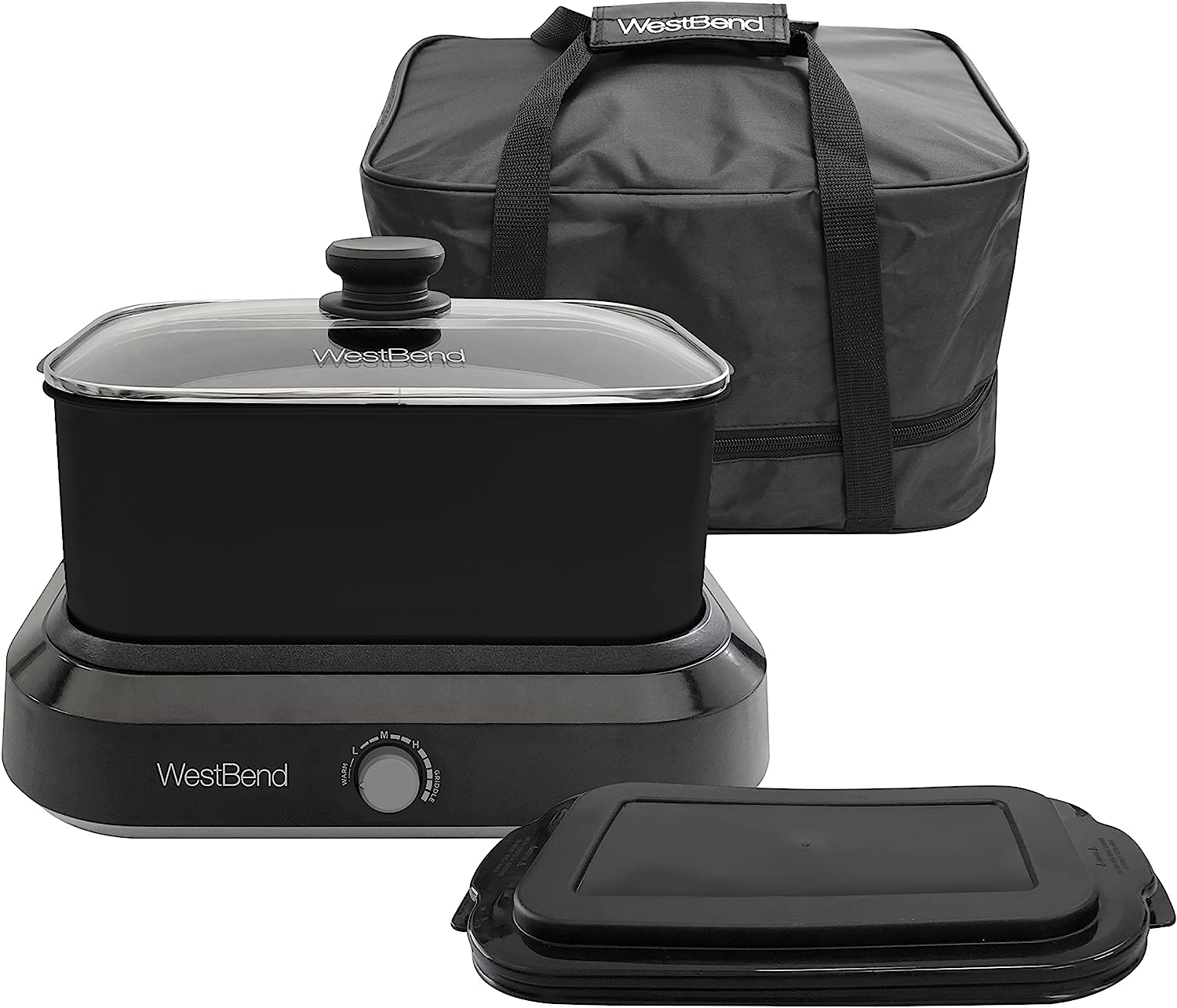 West Bend 87905BK Slow Cooker Large Capacity Non-stick Variable Temperature Control Includes Travel Lid and Thermal Carrying Case. 5-Quart. Black