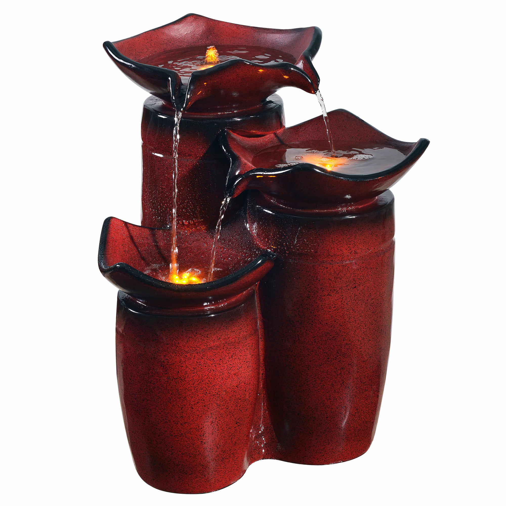 Teamson Home Outdoor 3-Tier Glazed Pot Floor Fountain with LED Lights. Red
