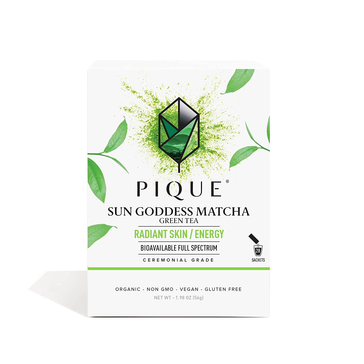 Pique Organic Sun Goddess Matcha - Ceremonial Grade Matcha Green Tea Powder. Supports Radiant Skin. Calm Energy - 28 Single Serve Sticks (Pack of 1)