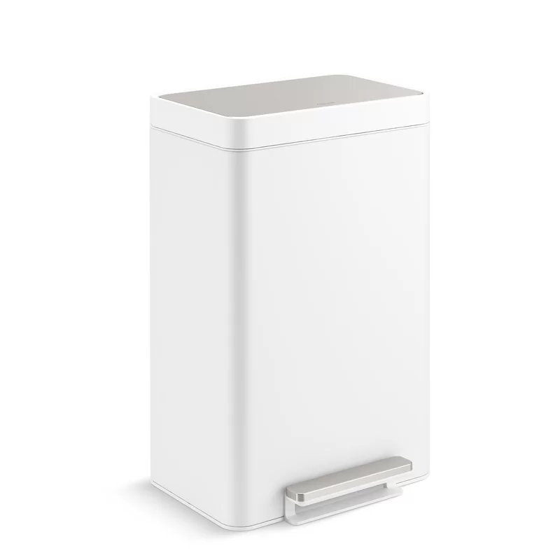 KOHLER K-20956-STW 11 Gallon Hands-Free Dual Compartment Recycling Kitchen Step Can. Trash Can with Foot Pedal. Quiet-Close Lid. White Stainless Steel