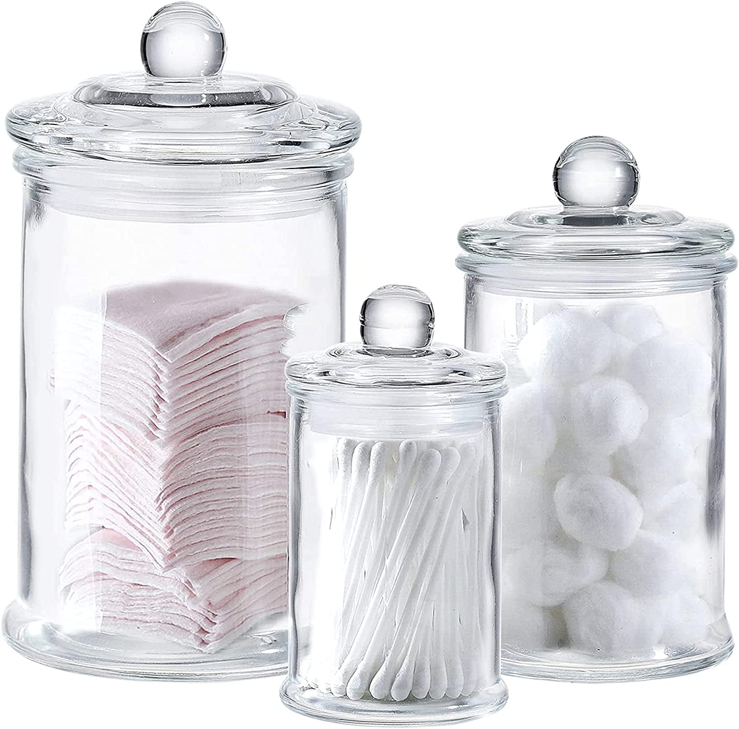 Mini Glass Apothecary Jars-Cotton Jar-Bathroom Storage Organizer Canisters Set of 3