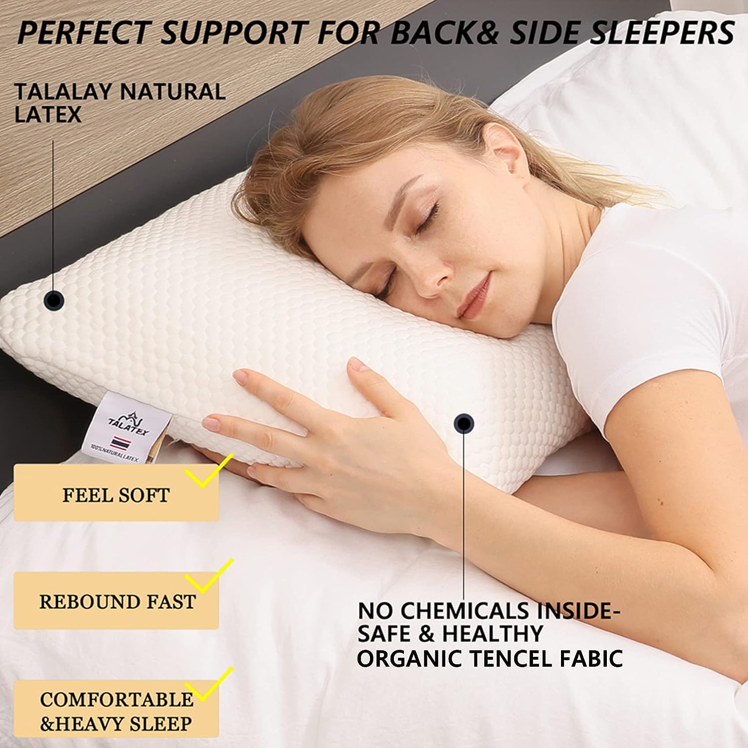 Talatex Talalay 100% Natural Premium Latex Pillow. Helps Relieve Pressure. No Memory Foam Chemicals. Perfect Package Best Gift with Removable Tencel Cover (Queen (Pack of 1). Medium)