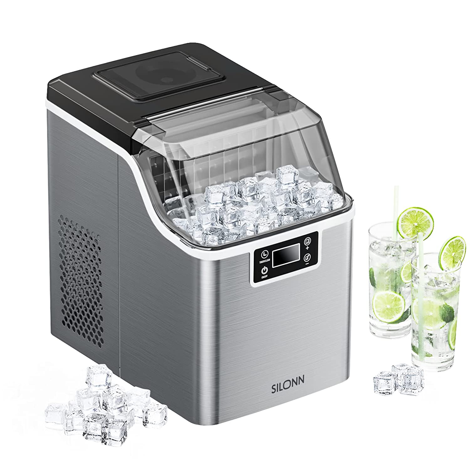 Silonn Countertop Ice Maker. 45lbs Per Day. 24Pcs Ice Cubes in 13 Min. 2 Ways to Add Water. Auto Self-Cleaning. Stainless Steel Ice Machine for Home Office Bar Party