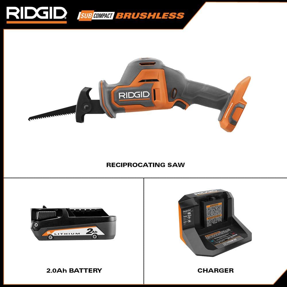 RIDGID R8648KN 18V SubCompact Brushless Cordless One-Handed Reciprocating Saw Kit with 2.0 Ah Battery and Charger