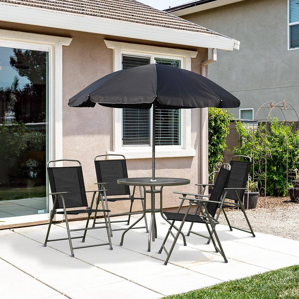 Outsunny  Black 6-Piece Metal Round Table Outdoor Bistro Set and Patio Umbrella with 4 Folding Dining Tables