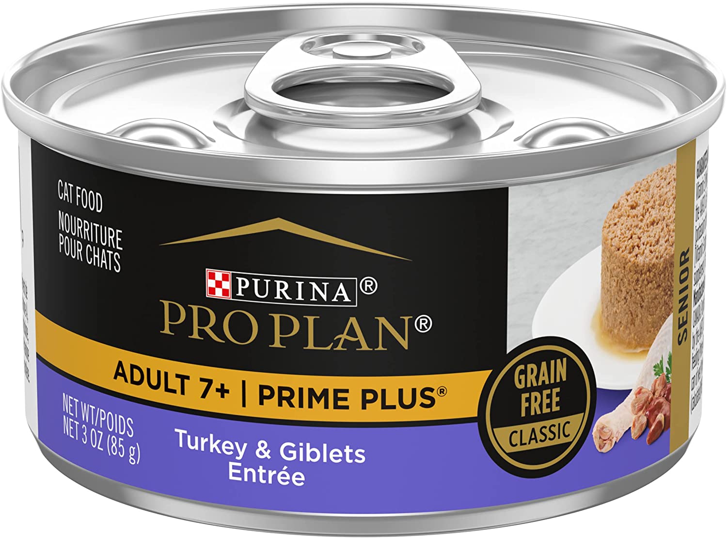 Purina Pro Plan Grain Free Senior 7+ Wet Cat Food Pate. SENIOR Prime Plus Turkey and Giblets Entree - (24) 3 oz. Pull-Top Cans