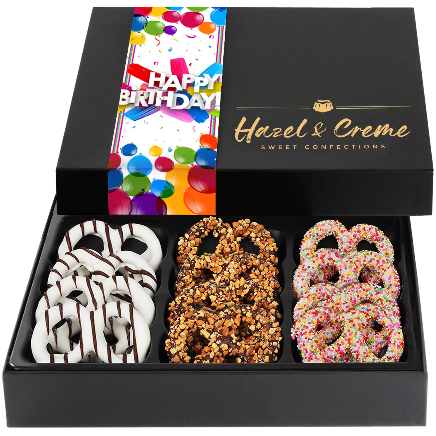 Hazel & Creme Chocolate Covered Pretzels - HAPPY BIRTHDAY Chocolate Gift Box - Gourmet Food Gift (Large Box)