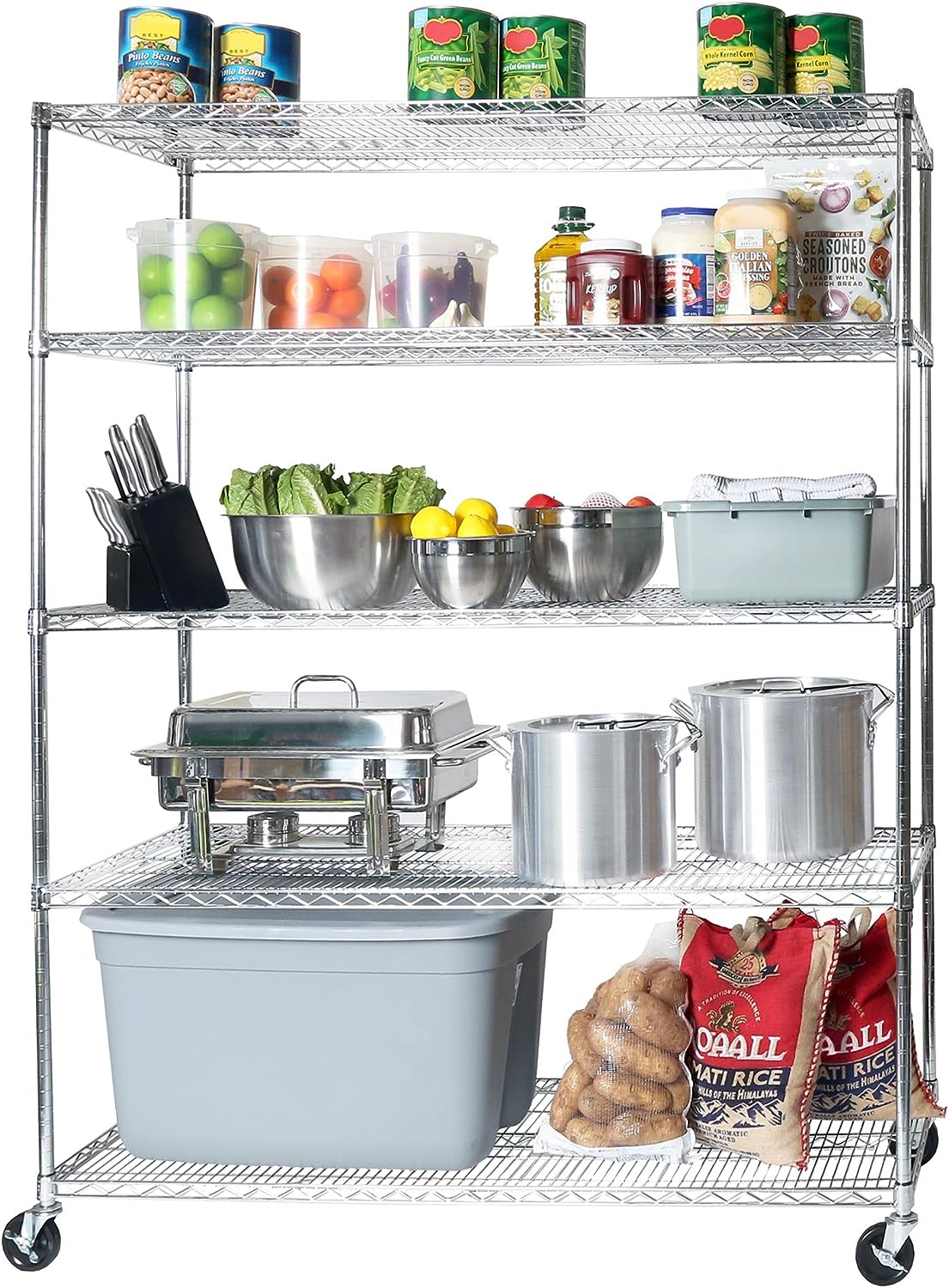 Seville Classics UltraDurable Heavy Duty NSF Solid Steel Wire Rack Storage Unit Wheels. 5-Tier Shelving. 60″ W x 24″ D