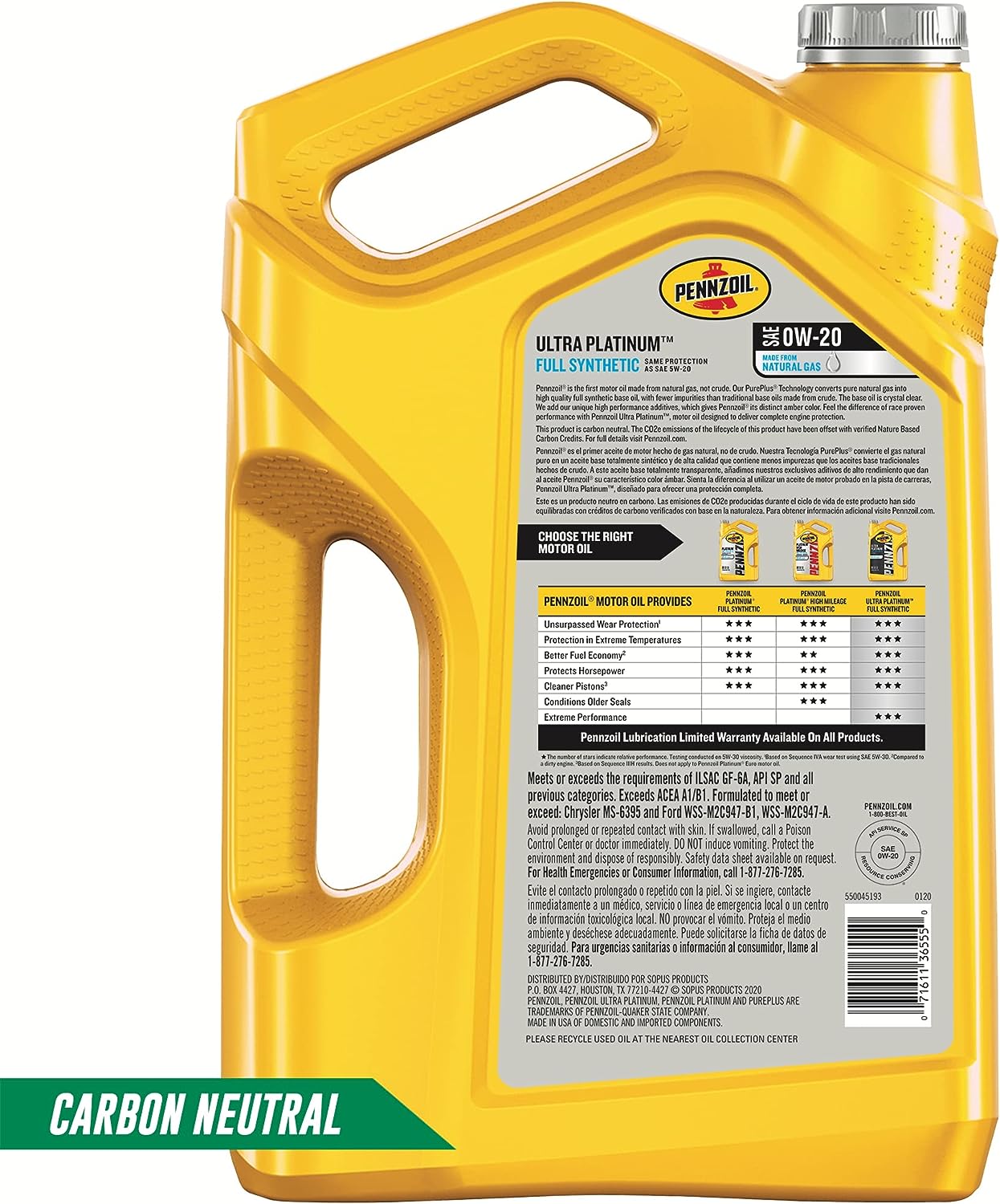 Pennzoil Ultra Platinum Full Synthetic 0W-20 Motor Oil (5-Quart. Case of 3)