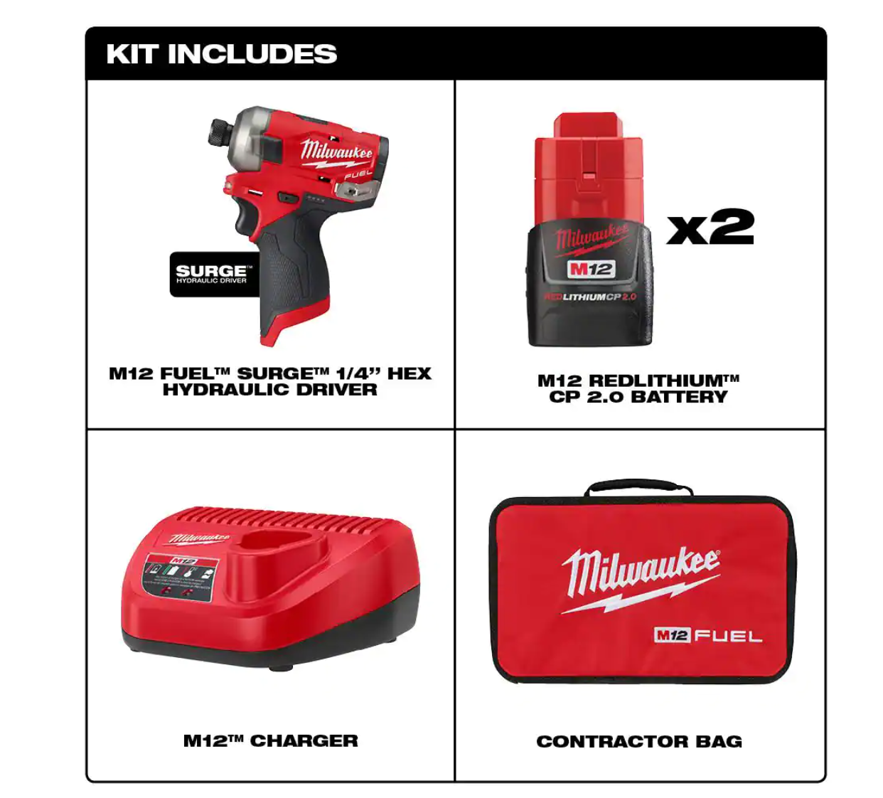 Milwaukee 2551-22 M12 FUEL SURGE 12V Lithium-Ion Brushless Cordless 1/4 in. Hex Impact Driver Compact Kit w/Two 2.0Ah Batteries. Bag