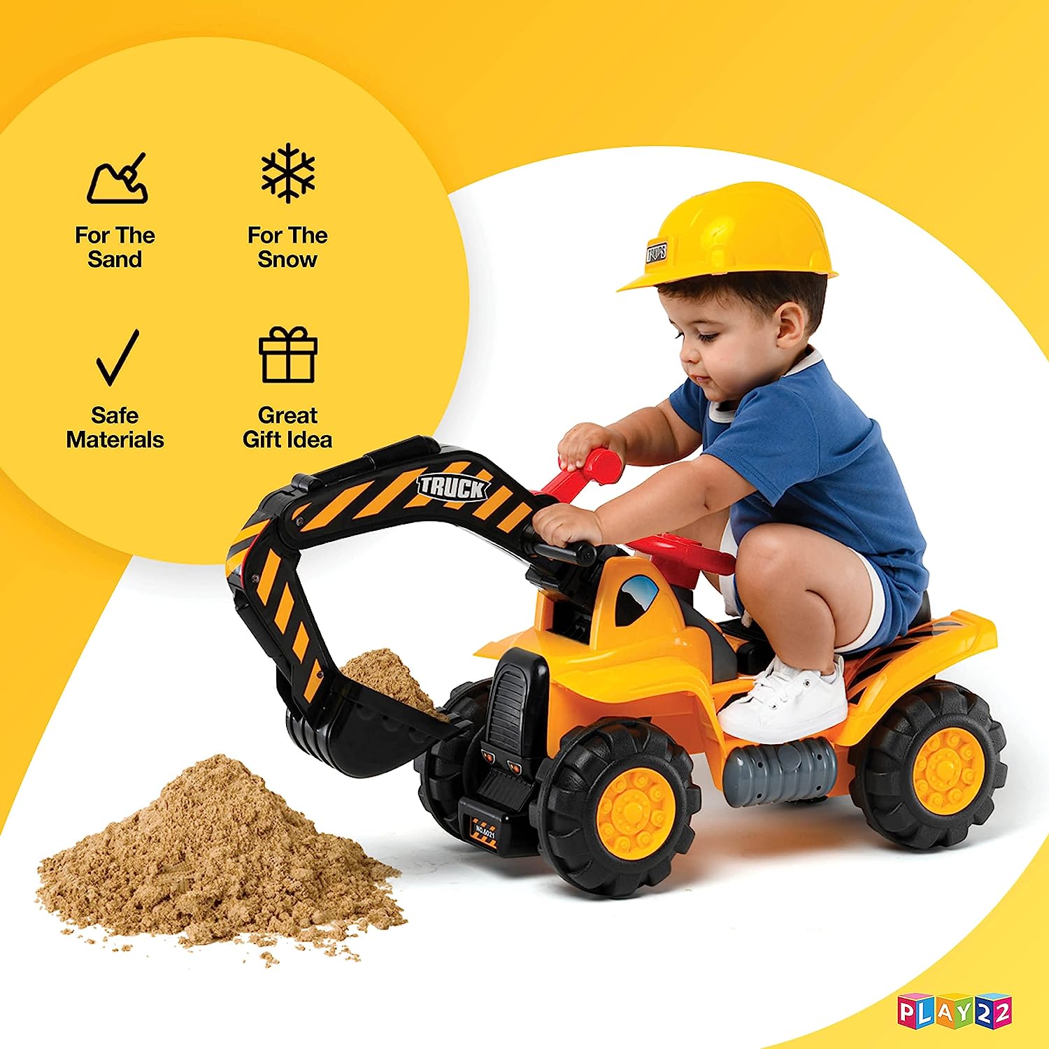 Play22 Toy Tractors for Kids Ride On Excavator - Music Sounds Digger Scooter Tractor Toys Bulldozer Includes Helmet with Rocks - Ride on Tractor Pretend Play - Toddler Tractor Construction Truck