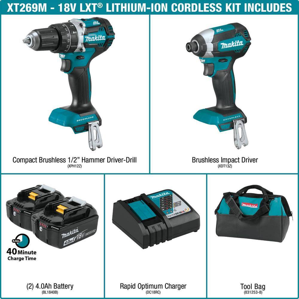 Makita XT269M 18V LXT Lithium-Ion Brushless Cordless Hammer Drill and Impact Driver Combo Kit (2-Tool) w/ (2) 4Ah Batteries. Bag