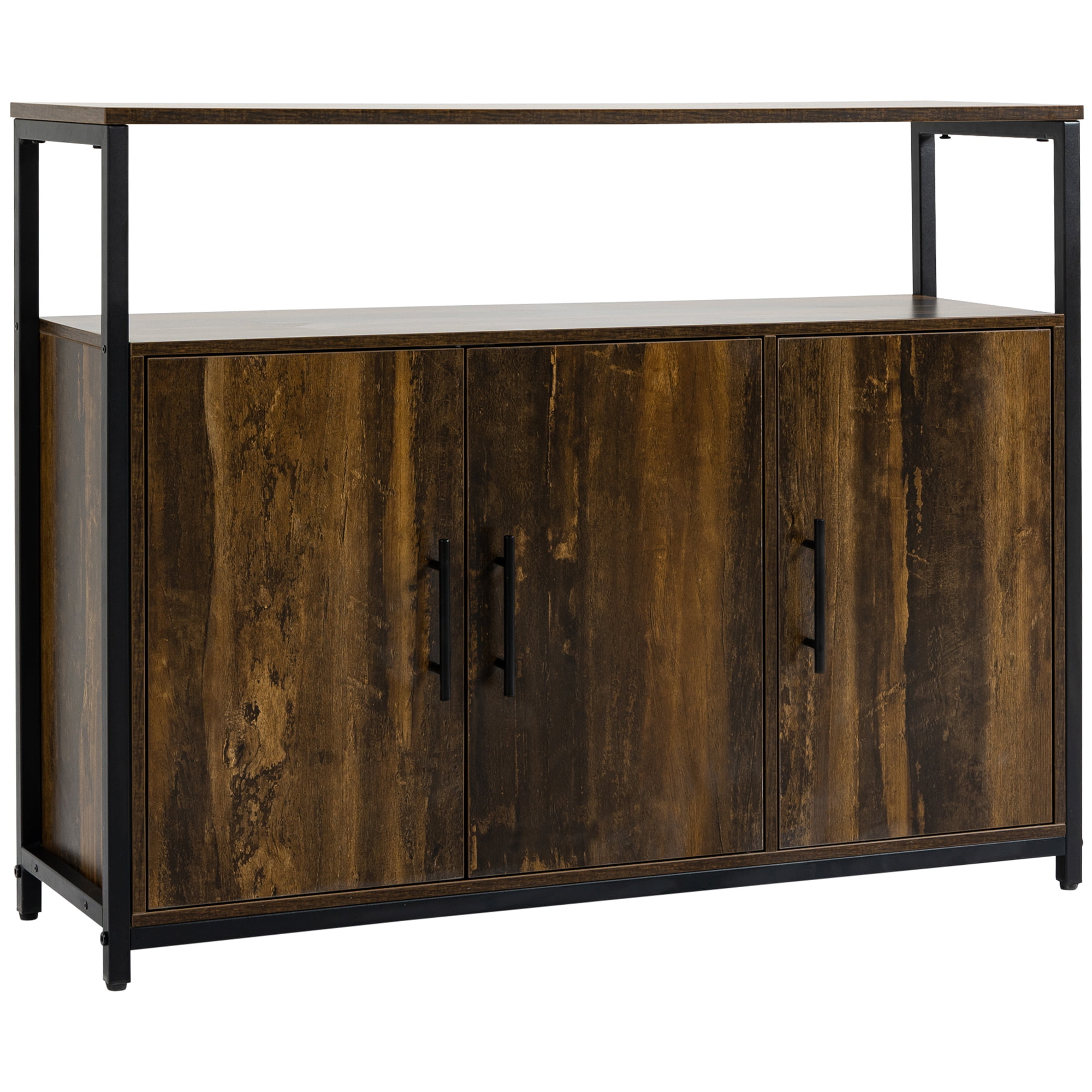 HOMCOM Industrial Kitchen Sideboard. Buffet Cabinet with Storage Open Compartment and Adjustable Shelves for Living Room. Bedroom. Hallway. Rustic Brown