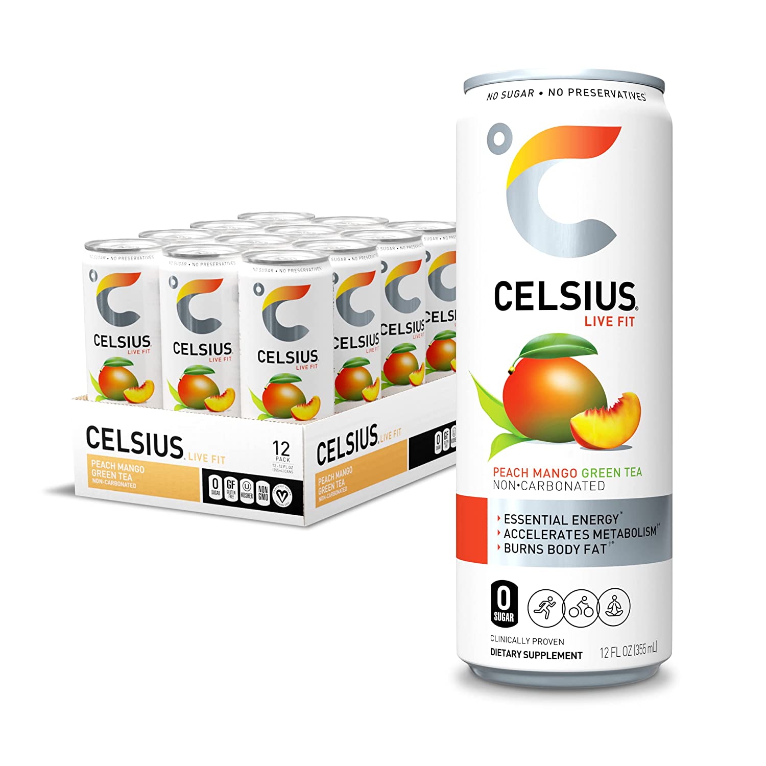 CELSIUS Essential Energy Drink 12 Fl Oz. Peach Mango Green Tea (Pack of 12)
