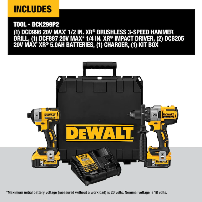 DEWALT DCK299P2 20-Volt MAX XR Cordless Brushless Hammer Drill/Impact Combo Kit (2-Tool) with (2) 20-Volt 5.0Ah Batteries & Charger