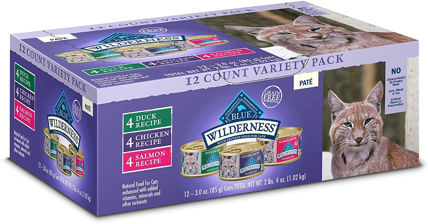 Blue Buffalo Wilderness High Protein. Natural Adult Pate Wet Cat Food Variety Pack. Chicken. Salmon. Duck 3-oz Cans (12 Count- 4 of Each Flavor)